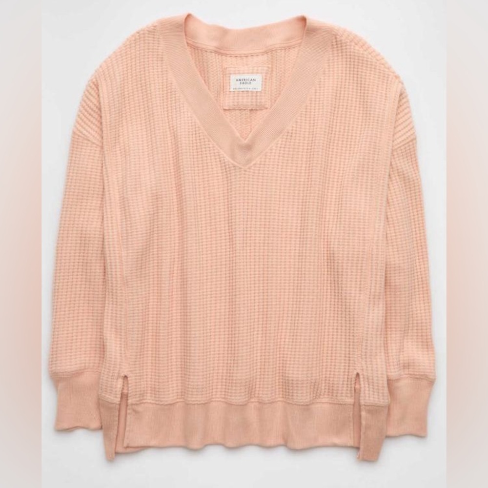 American Eagle Blush Pink Waffle Knit V-Neck Long Sleeve Top Medium